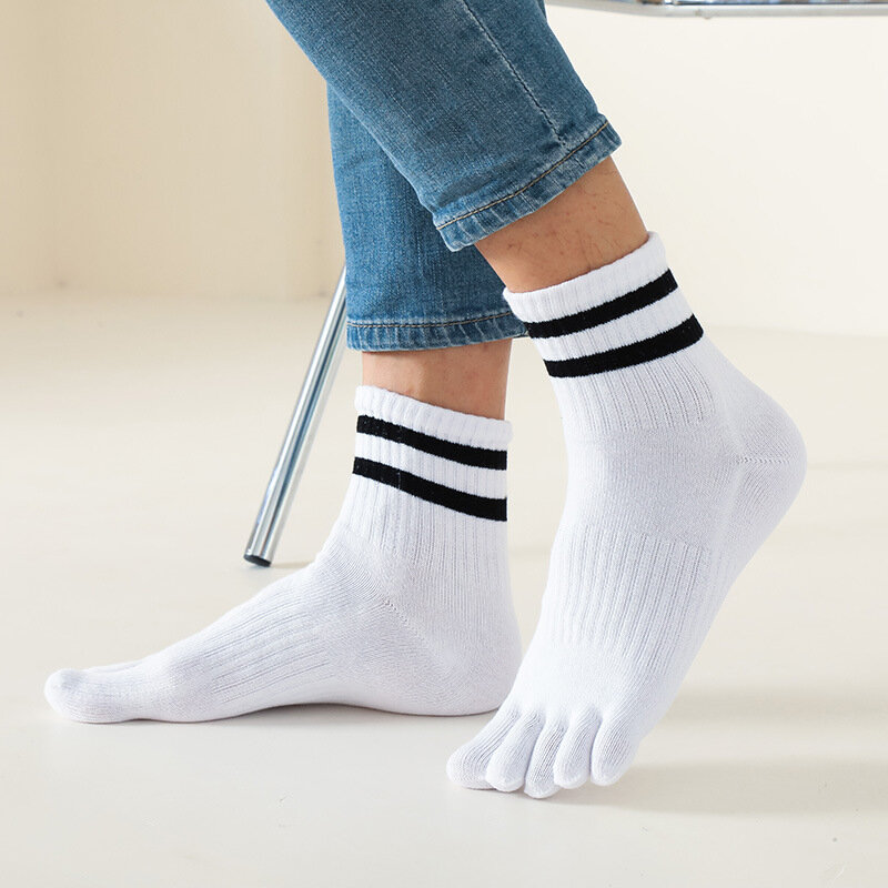 5 Pairs Striped Toe Sport Socks Man Compression Thick Pure Cotton Simple Solid Soft Elastic 5 Finger Short Socks Four Seasons