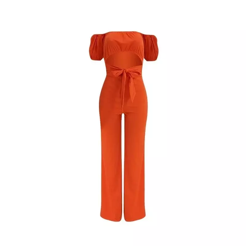 2024 Summer Casual Fashion Sexy Backless Off Shoulder Wide Leg Jumpsuits Women Solid Sashes Loose Straight Pants Romper OL Black