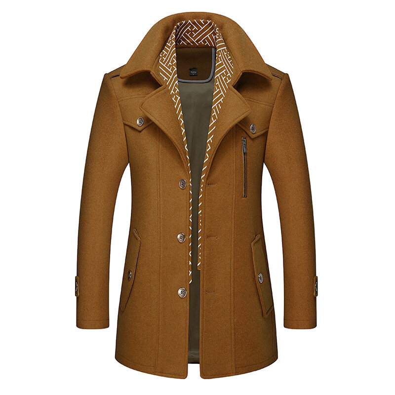 Зимнее мужское шерстяное пальто, модное утепленное пальто средней длины, однотонное, с отложным воротником, теплая верхняя одежда, деловое, повседневное, шерстяное пальто для мужчин