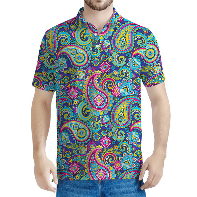 Polo Boho Paisley para homens, estampa floral, mangas curtas, camiseta de lapela de verão, botão casual, colorido
