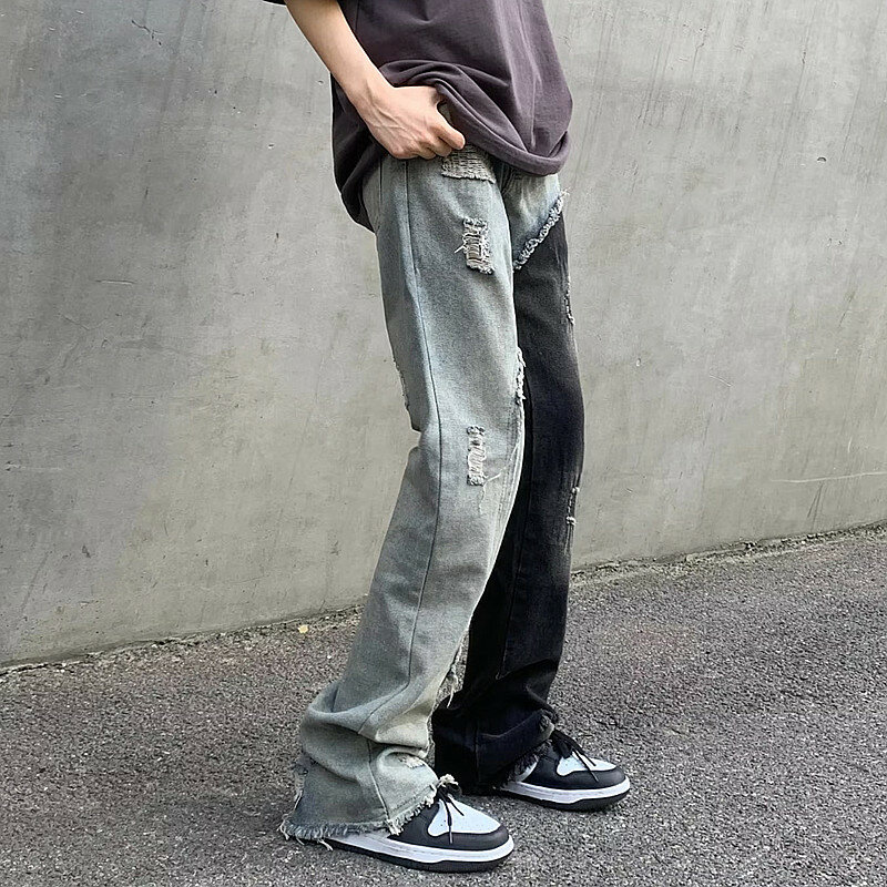2023 Ropa Grunge Y2K Streetwear Baggy Ripped Stacked Jeans Pants Men Clothing Patchwork Straight Denim Trousers Pantalon Homme