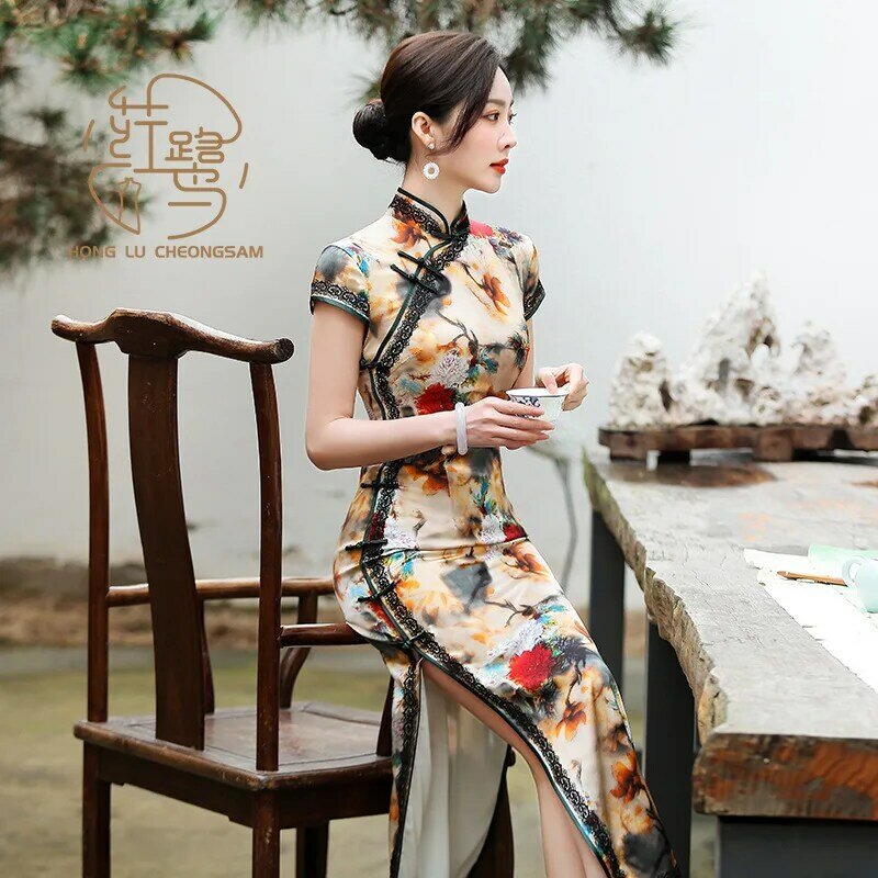 Moda Temperament QIPAO stojący kołnierz Vintage Qipao jedwabne chińskie sukienki sukienka w stylu Qipao