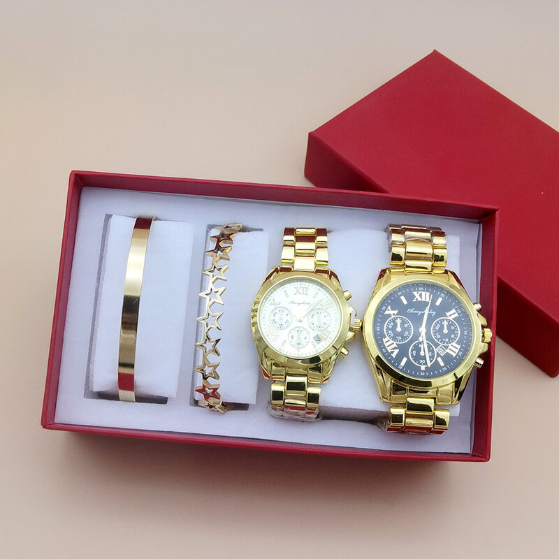 Couple Watch Set Men Quartz Steel Watch for Lovers Luxury Womens Wristwatch Relogio Feminino With Bracelet Nesklace 4Pcs Gifts