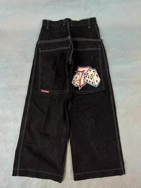 Padrão de bordado vintage Jeans Baggy para homens e mulheres, Hip Hop Street, perna larga, calças jeans grandes, calças góticas pretas baixas, Y2K