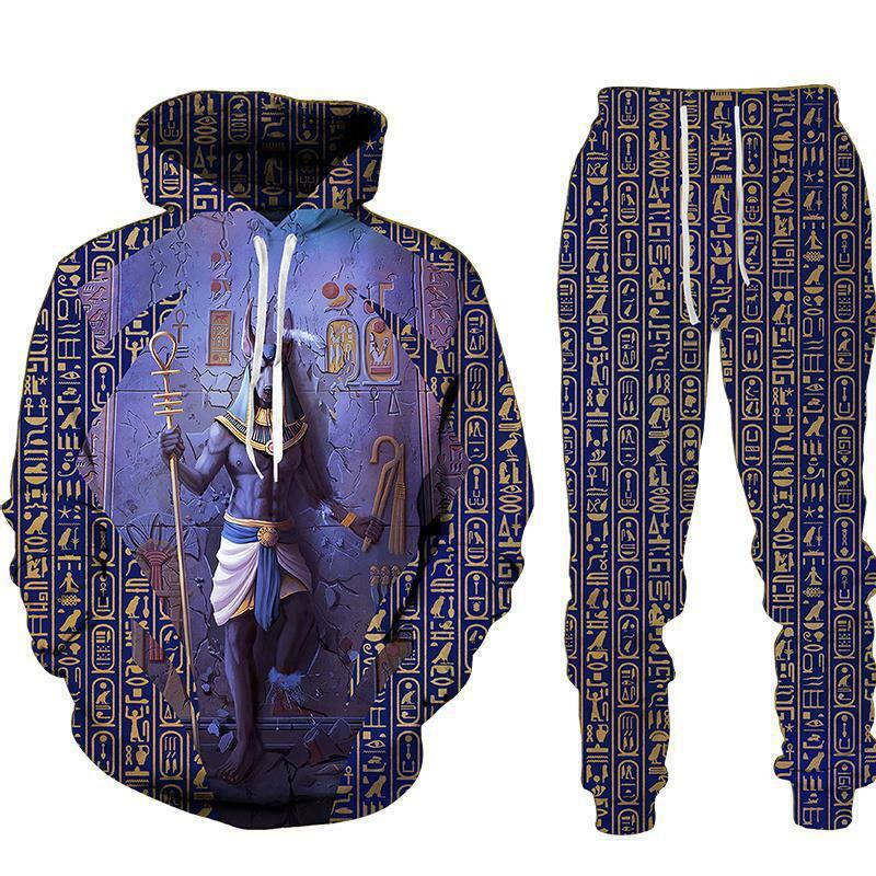 Sweat-shirt et pantalon de survêtement décontractés pour hommes, ensemble deux pièces, impression 3D, Dieu égyptien, Prairie Horus, Anubis, Sportedly