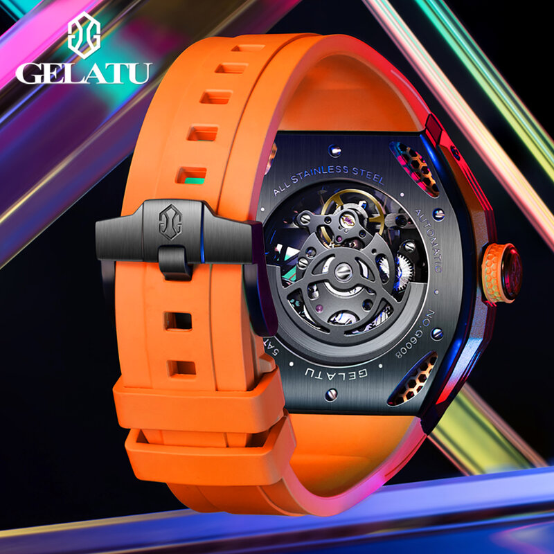 GELATU-relojes de marca de lujo para hombre, reloj mecánico automático con cinta de silicona, caja de regalo, impermeable, luminoso, ahuecado