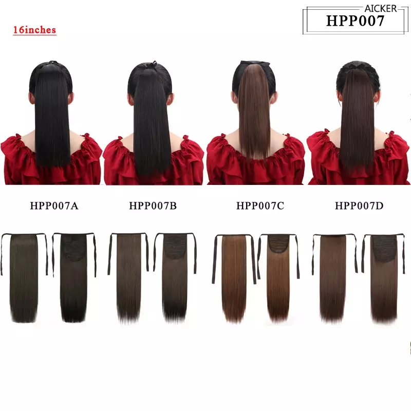AICKER ekstensi rambut ekor kuda sintetis 16 ", ekstensi rambut poni palsu lurus warna hitam cokelat