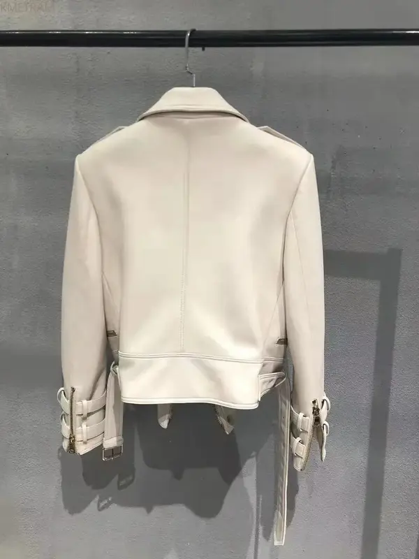 Jaqueta de pele de carneiro genuína para mulheres, couro real, casaco fino, outwear de motociclista, moda coreana, nova, 2024