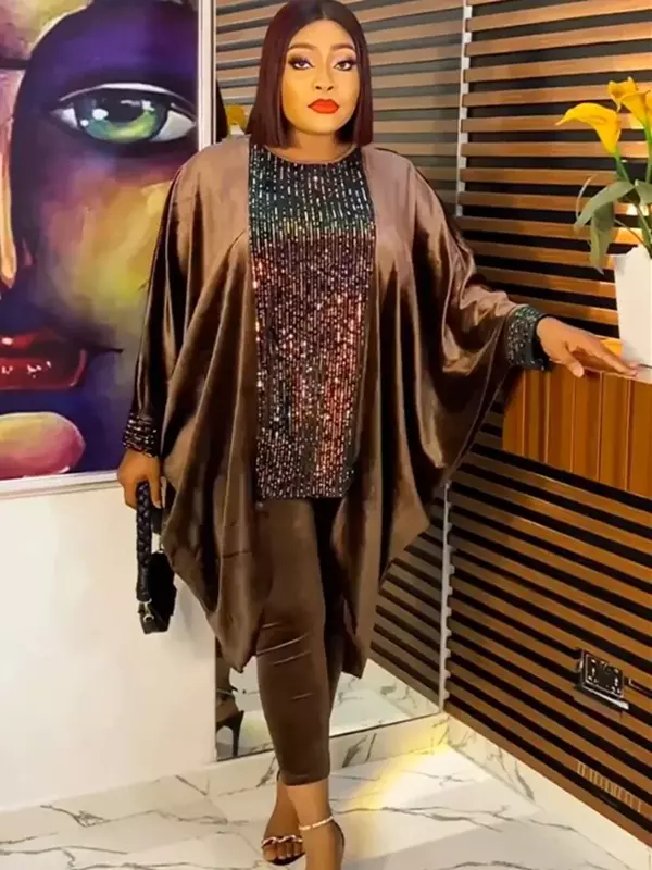 Boubou-vestido de terciopelo africano de lujo para mujer, traje de pantalones Abayas, Tops de manga larga, conjunto de 2 piezas, ropa islámica para mujer
