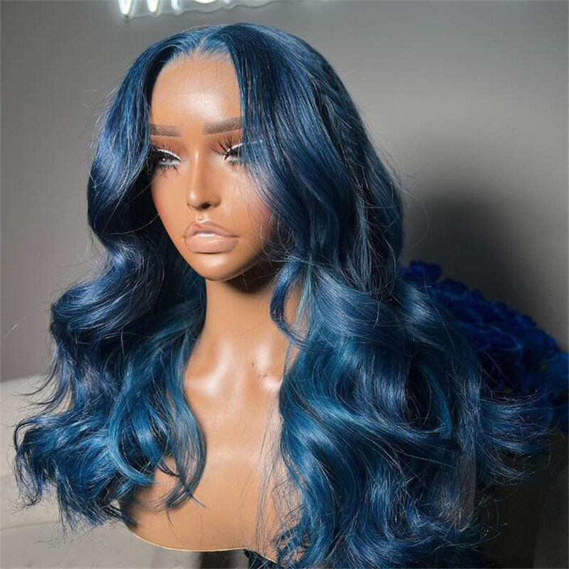 Lembut alami biru 26 "panjang 180% ketebalan Glueless alami gelombang renda depan Wig untuk wanita BabyHair prepked harian Cosplay