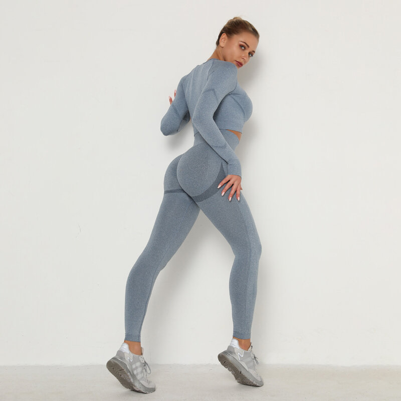 Abbigliamento da Yoga Casual da donna europeo e americano senza cuciture tuta sportiva a maniche lunghe attillata a vita alta con sollevamento dell'anca