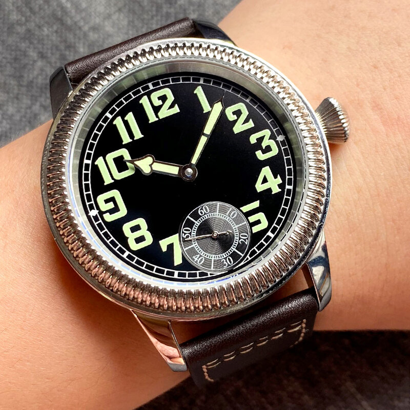 Винтажные мужские часы Nologo 44 мм из стали с ручным заводом, 17 драгоценностей, 6498, мужские спортивные часы, Montre Homme, кожаный ремешок