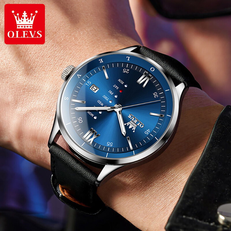 Olevs 2931 Eenvoudige Heren Horloges Luxe Merk Mode Quartz Horloge Voor Mannen Waterdicht Lichtgevende Datum Klok Lederen Band Mannen Horloge