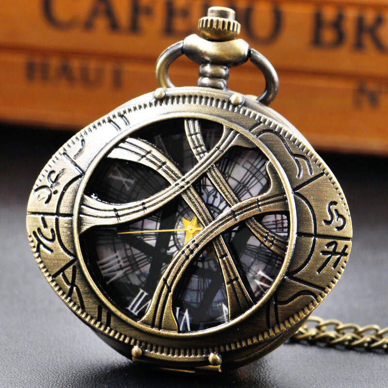 Bronzo Hollow Eye Big Dial numeri romani orologio da tasca al quarzo collana pendente regali per donne o uomini con catena Fob