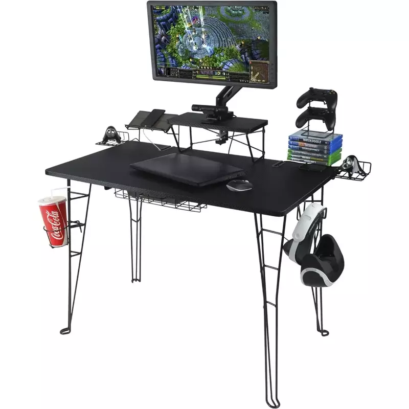 Meja Gaming asli-Desktop laminasi serat karbon, kaki kawat baja tugas berat, Platform Monitor ditinggikan, Tablet/Ph