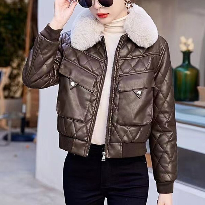 Mode warna polos musim gugur musim dingin jaket kulit imitasi lengan panjang wanita kardigan ritsleting jalanan tinggi bersaku tebal cocok untuk semua