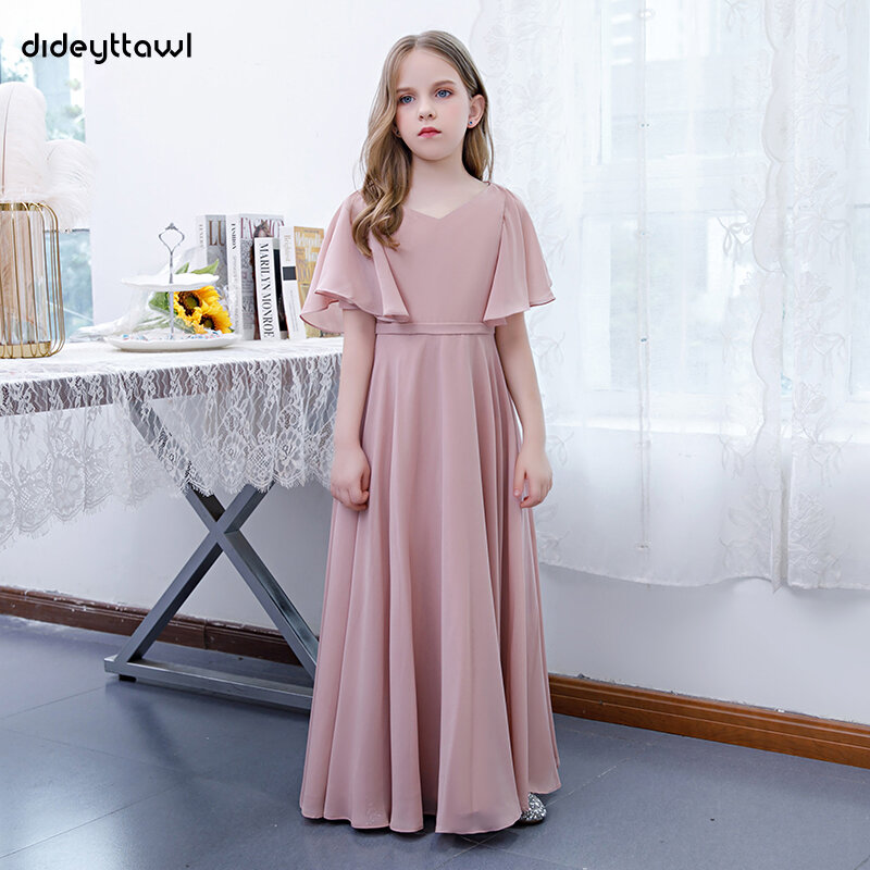 Dideyttawl Dusty różowy długi szyfonowy Junior druhna sukienka plisowane kwiatowe sukienki dla dziewczynek Kid formalne suknie na imprezy urodzinowe