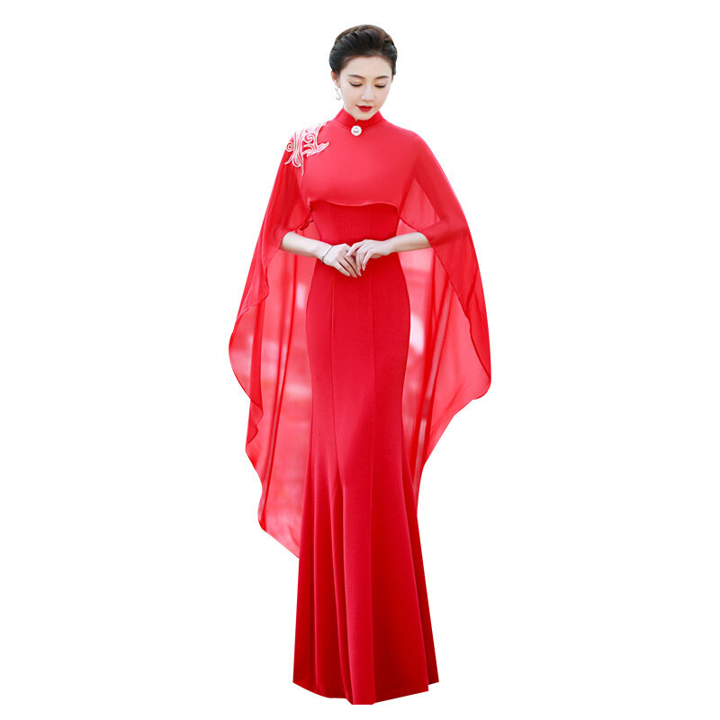 Женское вечернее платье-Ципао, Красное длинное платье из модала с воротником-стойкой, модель 5XL
