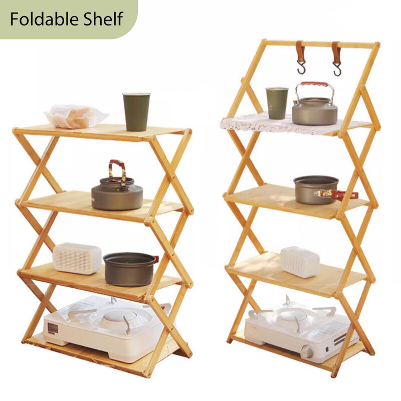 Outdoor Camping Shelf Rack Multifunctional Multi-layer Foldable Rack Portable Installation-free Bamboo Wood Storage Shoe Rack