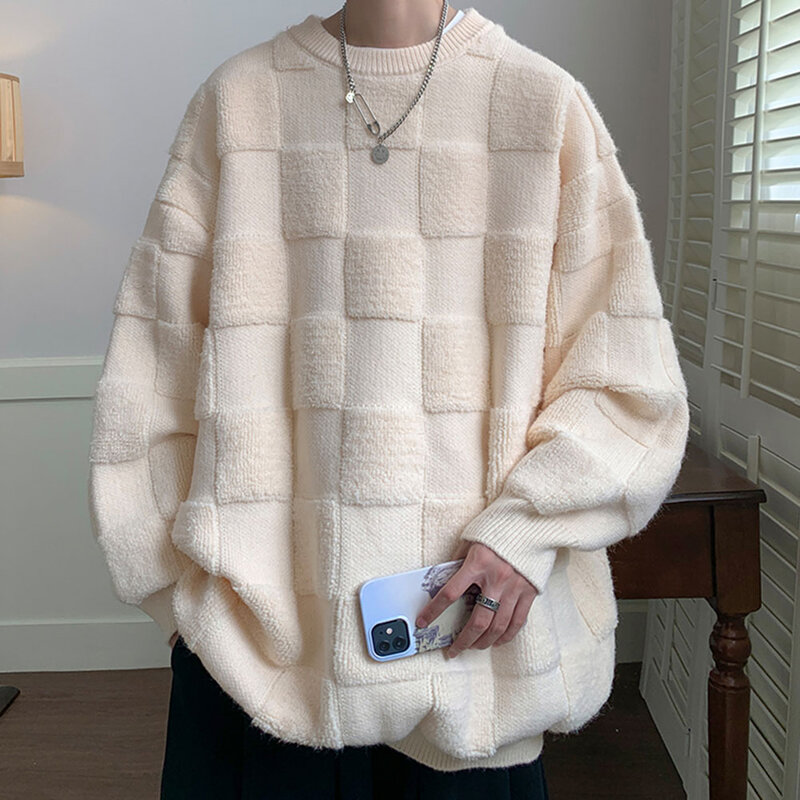 Männer Handtuch Karo Pullover Design Mode Rundhals ausschnitt Pullover Herbst Winter lässig lose Pullover Streetwear übergroße Unisex-Tops