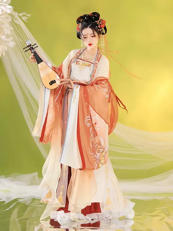 Song Dynasty Embroidery Traditional Chinese Clothing for Women Skirt Large Sleeve Shirt National Style Dress Set Orange Hanfu