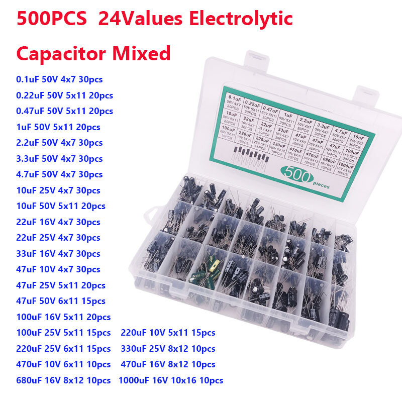 500 шт., 24 значения, 0,1 мкФ ф-1000u, электролитический конденсатор, смешанные электролитические конденсаторы DIP, 10 в, 16 В, 25 В, 50 в, электронный комплект