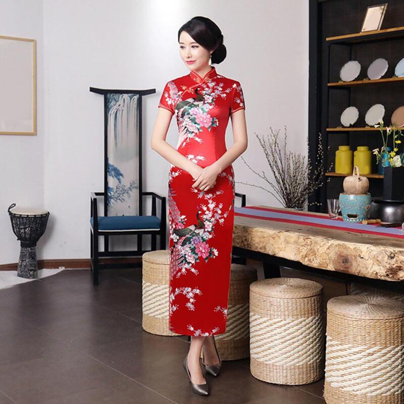 Women Cheongsam Vintage Chinese Stand Collar Floral Embroidery High Split Dress Qipao Elegant Women Cheongsam Banquet Dress