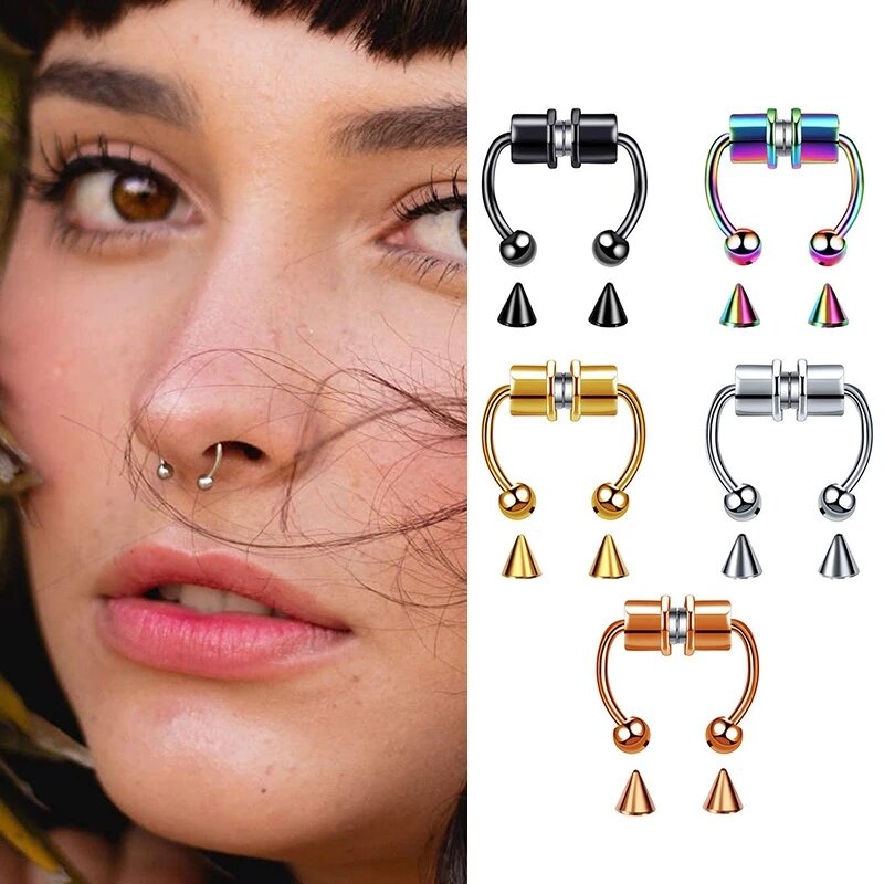 Mulheres falso piercing nariz anel aro septo não piercing nariz clip rock hiphoop ímã de aço inoxidável moda punk corpo jóias