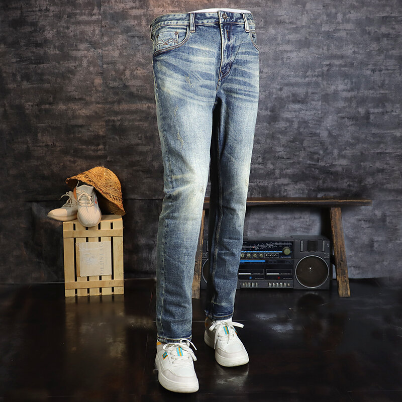 Jeans rasgado lavado retrô estilo italiano masculino, calça jeans de designer vintage, elástica, ajuste justo, alta qualidade, na moda