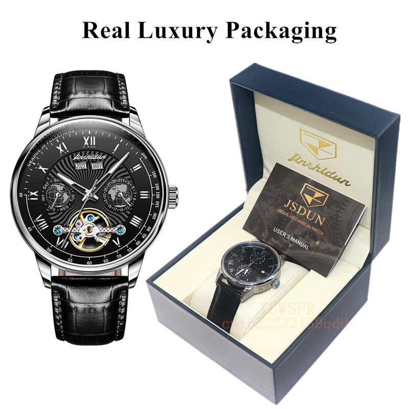 JSDUN Mens Mechanical Automatic Watch Skeleton Flywheel Design Waterproof Date Leather Strap Fashion Classic Wristwatches 8919