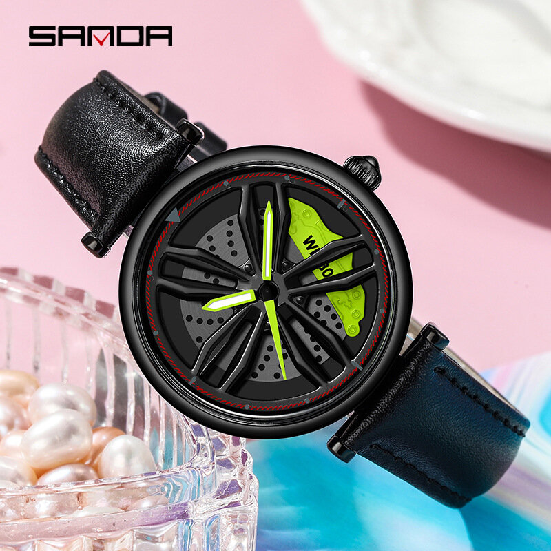 SANDA-luxo giratório carro roda relógio, esportes quartzo relógio, pulseira de couro casual, relógios de pulso impermeáveis, nova moda, 1010, 1074, 360
