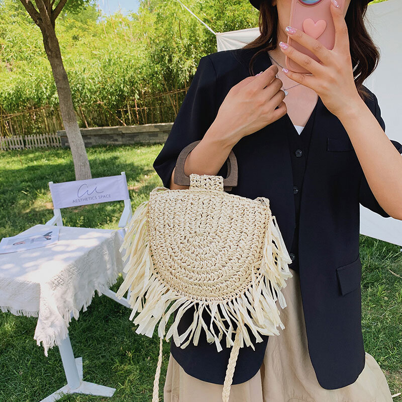 Bolso de paja con borlas para mujer, hecha a mano bandolera de playa, tejido de ratán, de viaje, estilo Resort