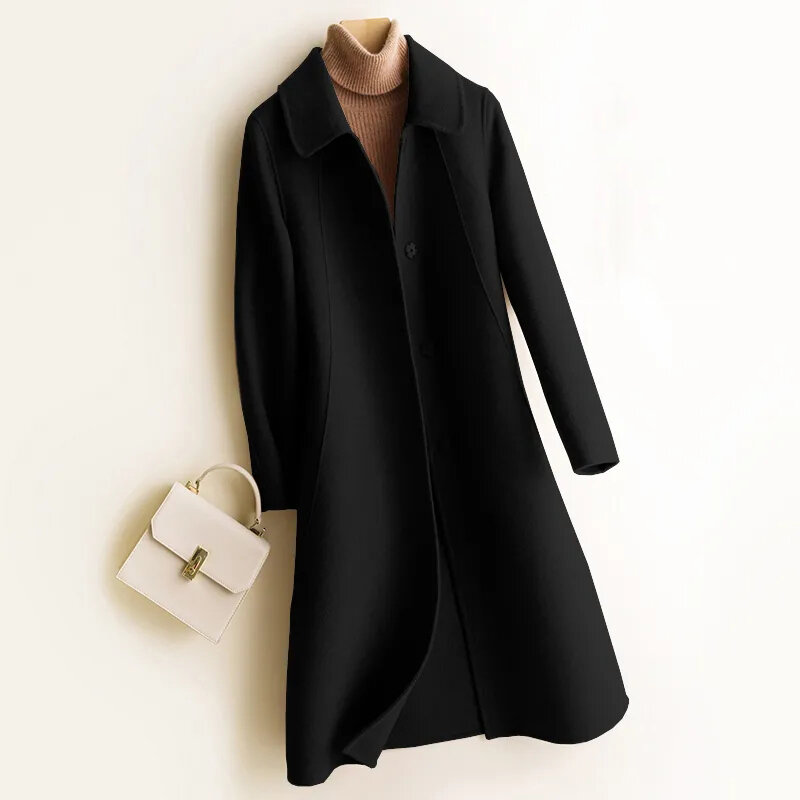 Korean Mid Length Woolen Coats 2023 New Autumn Winter Overcoat Elegant Women's Warm Abrigos Slim Thicken Wool Blend Jackets