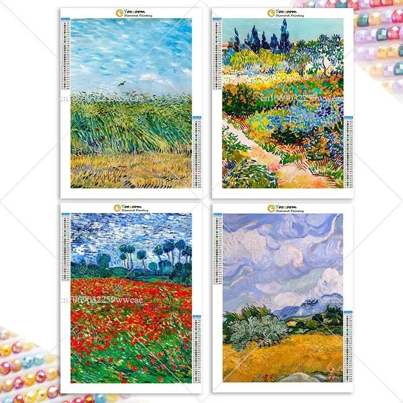 Pintura do mosaico do diamante de Van Gogh, 5D, campo floral, retratos da fantasia, broca completa, handwork, presentes de DIY
