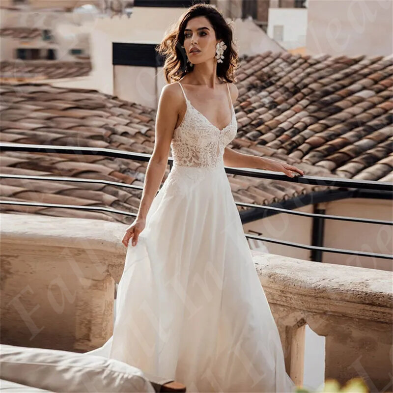 V-Neck Boho Wedding Dress Spaghetti Straps Lace Appliques A-Line Chiffon  Beach Floor-Length New Bridal Gown Vestidos De Novia