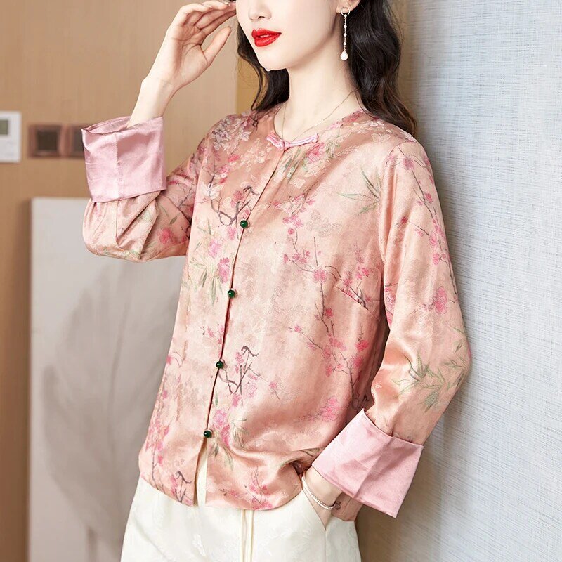 Miiiix-casaco brocado rosa para mulheres, top curto de botão, roupas femininas, dinastia Tang chinesa, novo design, início da primavera, 2024