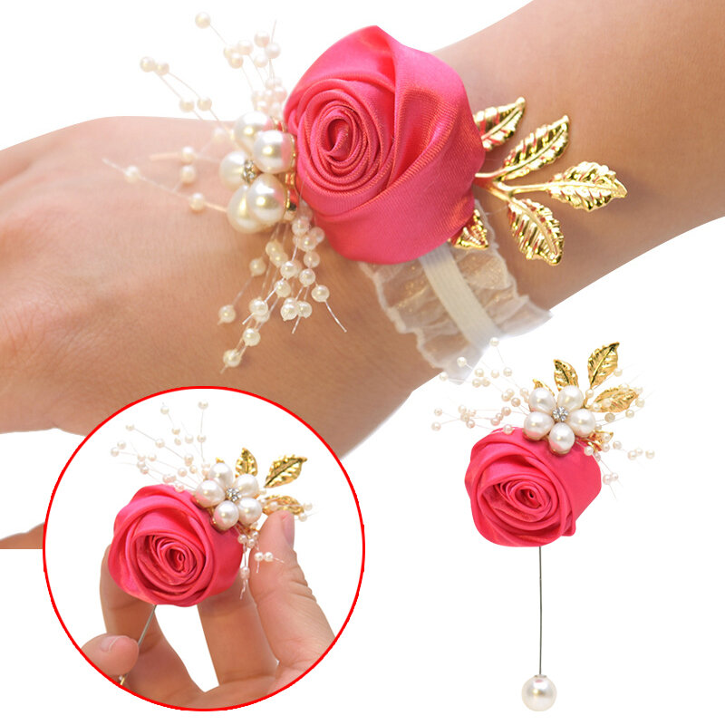 Ramillete de flores para muñeca de dama de honor para niñas, broche de pulsera de seda rosa de imitación, lazo de perlas, flor de mano nupcial, accesorios de fiesta de boda y graduación