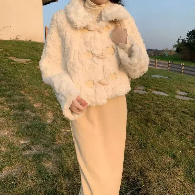 Зимнее женское теплое плюшевое пальто из овечьей шерсти, куртка в стиле Харадзюку, белое Свободное пальто из искусственного меха, плотная модная верхняя одежда с отложным воротником