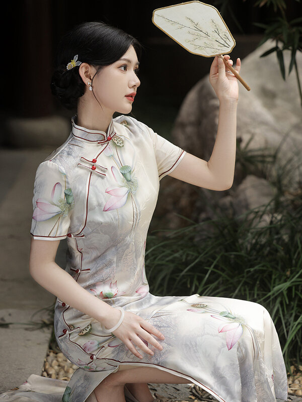 Vestido cheongsam feminino slim fit estilo chinês, estampas com mistura de rayon, manga curta, vestidos Qipao tradicionais, verão, 2024