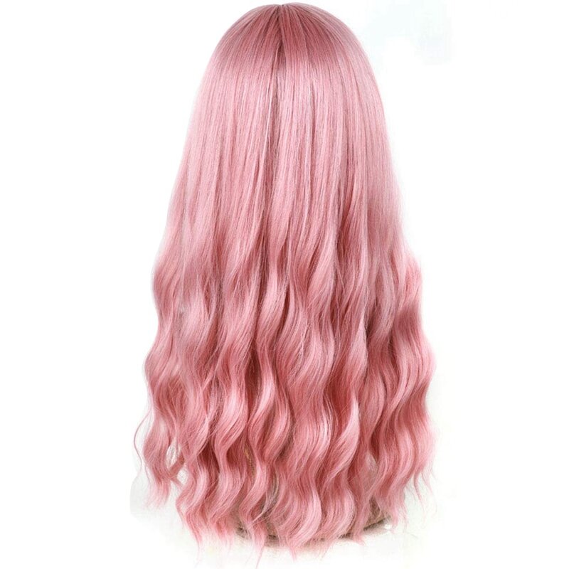 Peruca de cabelo ondulado longo com ar Bangs, peruca cheia sedosa, resistente ao calor, aparência natural, rosa, substituição