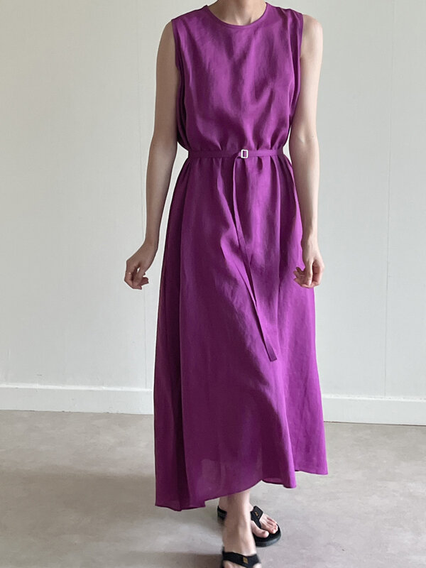 QoerliN koreańska 2023 letnia nowa luźna i wygodna sukienka z renderowania damska cienka bez rękawów sznurowana długa z bawełny konopna długa sukienka