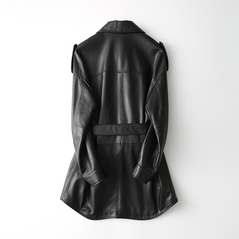 AYUNSUE-정품 양피 가죽 자켓 여성용, 봄 코트, 블랙 벨트 자켓, 트렌치 코트