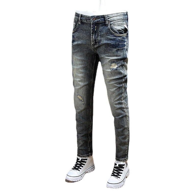 Fashion Designer Mannen Jeans Retro Geel Blauw Elastische Slim Fit Ripped Jeans Mannen Gat Broek Vintage Casual Denim Broek Hombre