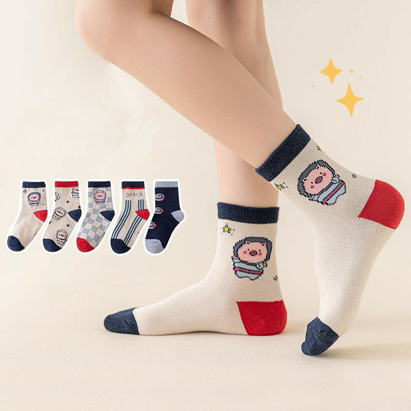 1-12Year 5Pairs Combed cotton breathable children's socks cartoon boys and girls middle and large children's socks