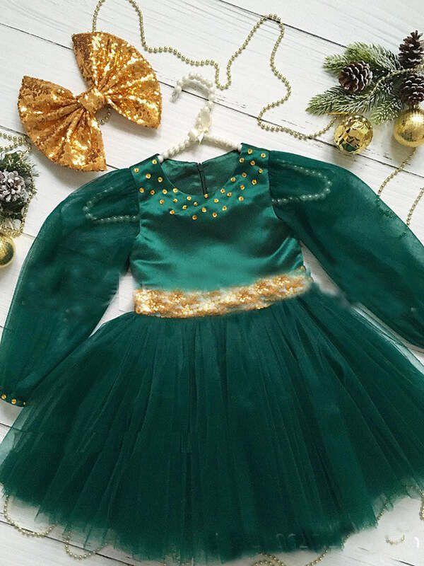 O-neck Satin Tulle Flower Girl Dress Long Sleeve Beaded Birthday Party Dress for Kids Princess Jewel Belt First Communion Gown