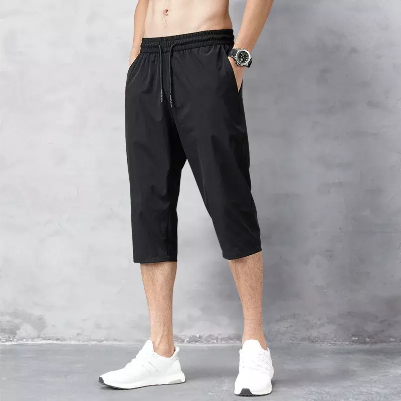 กางเกงขาสั้นสำหรับผู้ชายกางเกงสำหรับฤดูร้อนกางเกง2024ขายาวผ้าไนลอนสีดำแห้งเร็วกางเกงยาว3/4