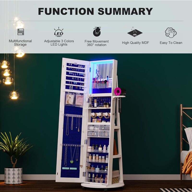 HNEBC 360° Swivel Jewelry Armoire with Mirror, LED Mirror Jewelry Cabinet Standing, Full Length Mirror with Jewelry Storage, Sta