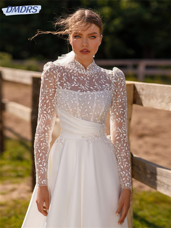 Элегантное свадебное платье с длинным рукавом 2024 Гламурное свадебное платье-трапеция классическое платье до пола с аппликацией платья для невесты