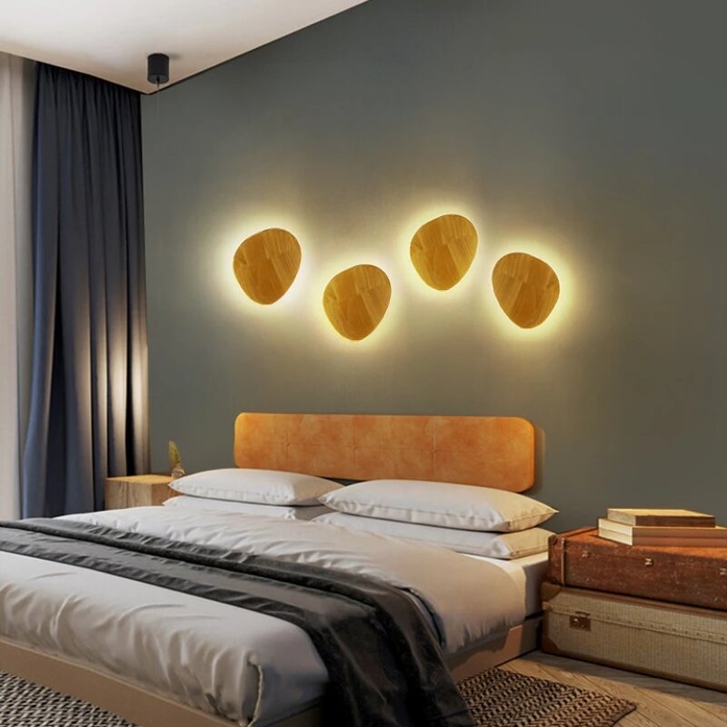 모던 LED 벽 램프, 창의적인 원형 나무 벽 램프, 침실 침대 옆 복도 거실 배경 장식 조명