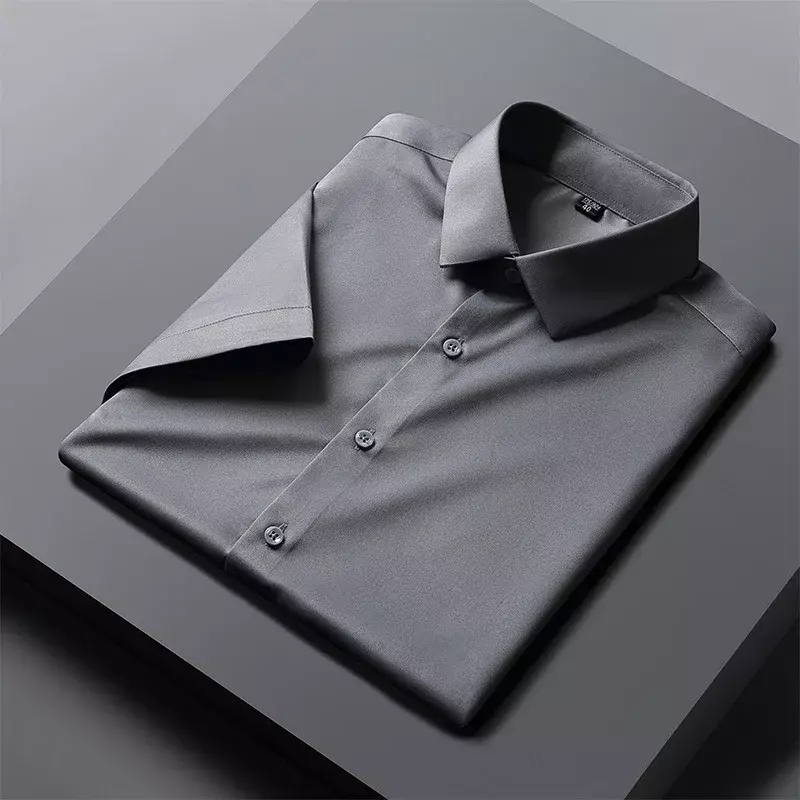 6XL Men's short-sleeved shirt Spring/summer fashion formal Business casual solid color high quality ice silk wear large size